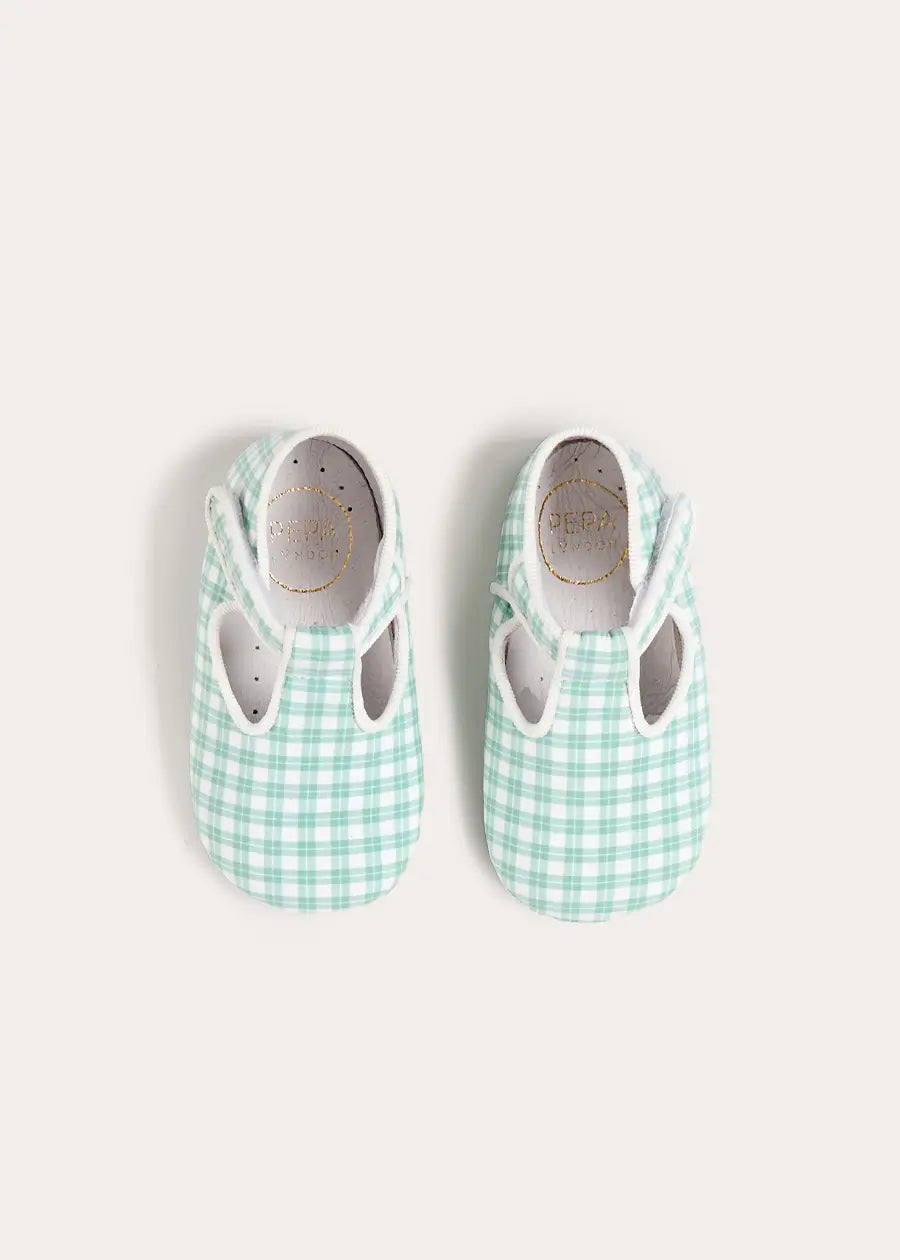 Lucas Check T-Bar Pram Shoes in Green (17-20EU) Shoes from Pepa London