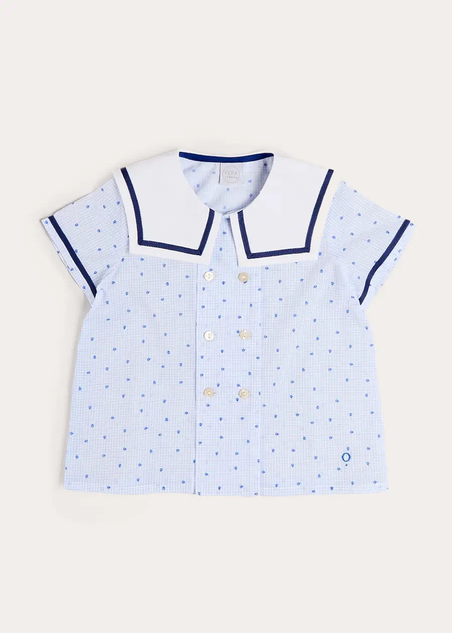 Noah Check Mariner Collar Double Breasted Shirt in Blue (18mths-6yrs) SHIRTS from Pepa London