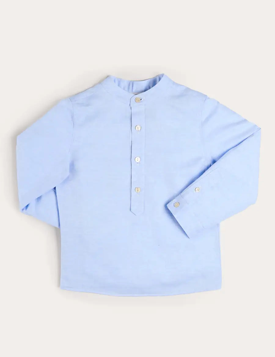 Mao Collar Linen Blend Shirt in Blue (18mths- 10yrs) Shirts from Pepa London
