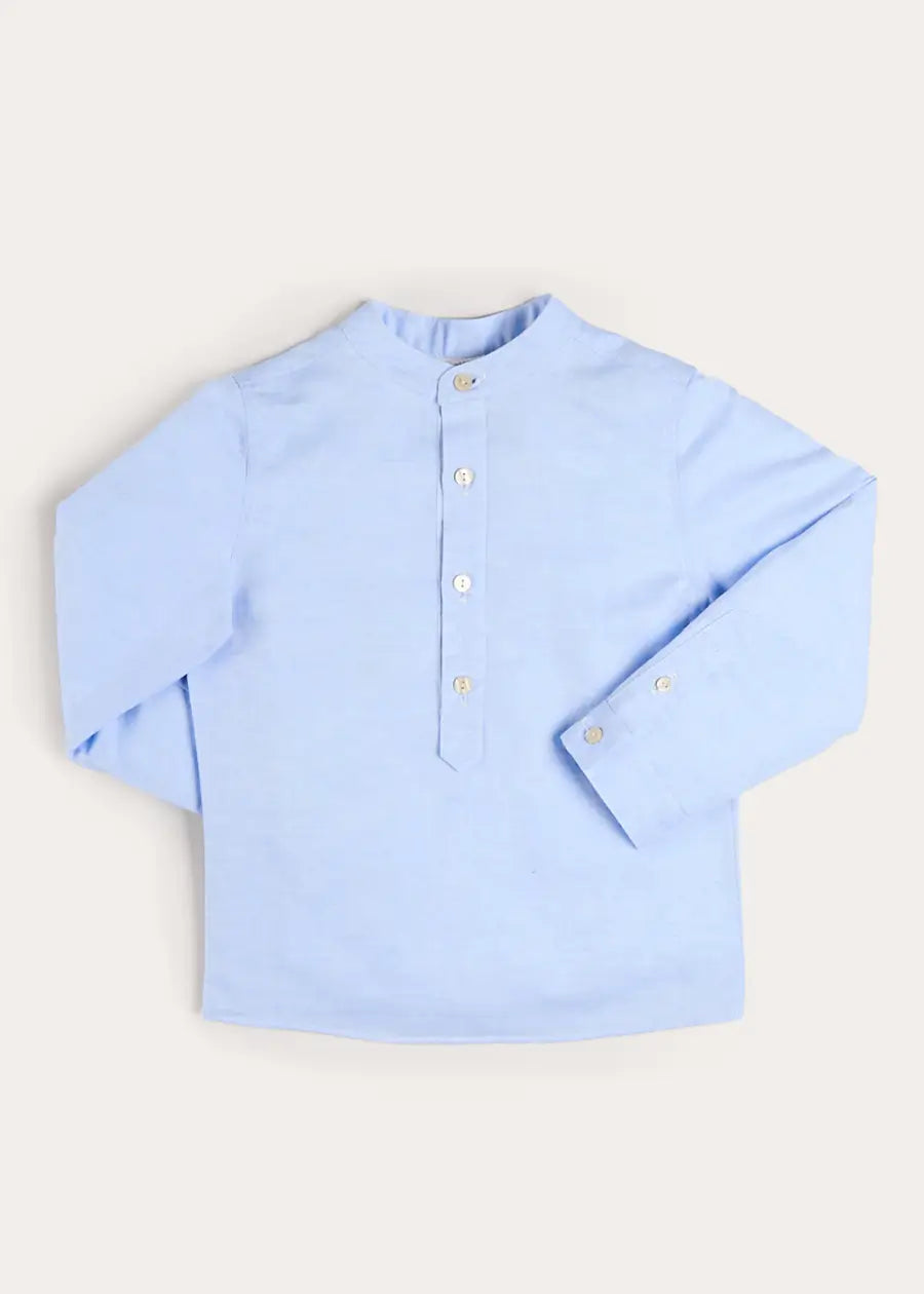 Mao Collar Linen Blend Shirt in Blue (18mths- 10yrs) Shirts from Pepa London