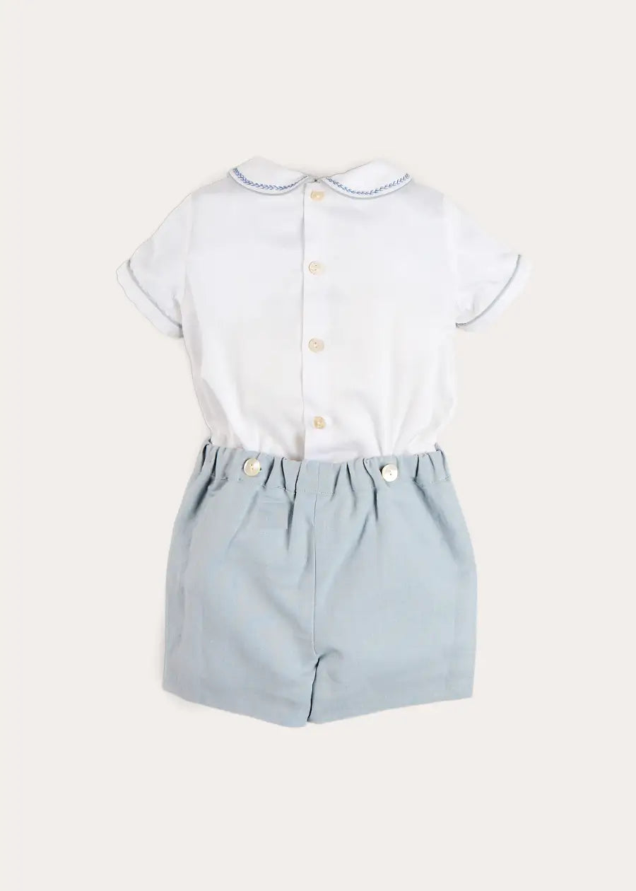 Hand Smocked Peter Pan Collar Short Sleeve Two Piece Set in Sky Blue (12mths-6yrs) Two Piece Set from Pepa London