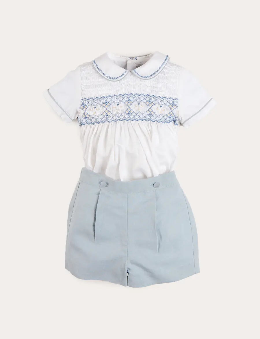 Hand Smocked Peter Pan Collar Short Sleeve Two Piece Set in Sky Blue (12mths-6yrs) Two Piece Set from Pepa London