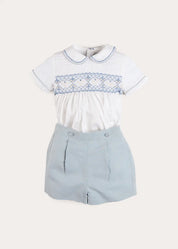 Hand Smocked Peter Pan Collar Short Sleeve Two Piece Set in Sky Blue (12mths-6yrs) Two Piece Set from Pepa London