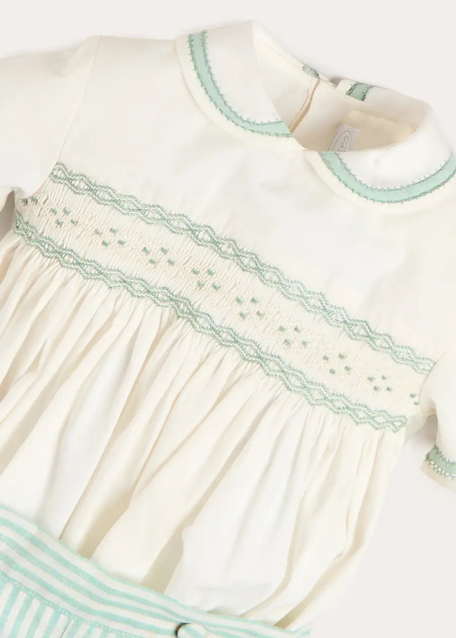 Wimbledon Stripe Hand Smocked Peter Pan Collar Two Piece Set in Green (18mths-6yrs) Two Piece Set from Pepa London