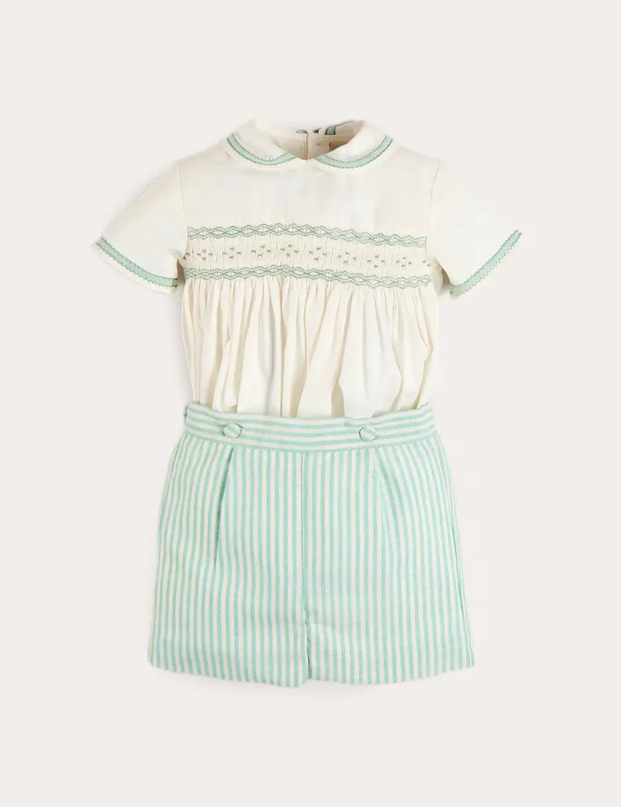 Wimbledon Stripe Hand Smocked Peter Pan Collar Two Piece Set in Green (18mths-6yrs) Two Piece Set from Pepa London