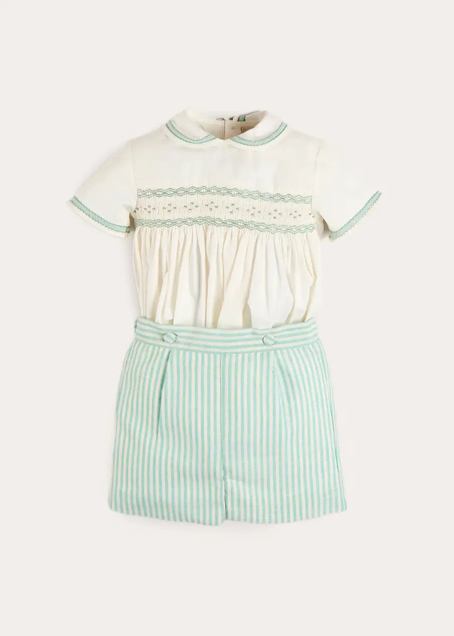 Wimbledon Stripe Hand Smocked Peter Pan Collar Two Piece Set in Green (18mths-6yrs) Two Piece Set from Pepa London