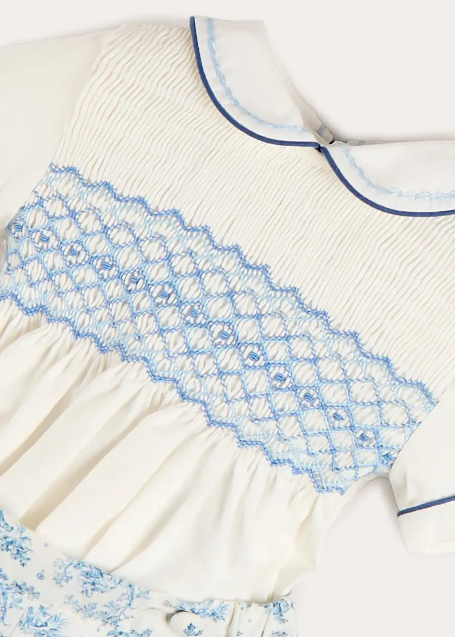 Audrey Toile Peter Pan Collar Hand Smocked Two Piece Set in Blue (6mths-3yrs) Two Piece Set from Pepa London
