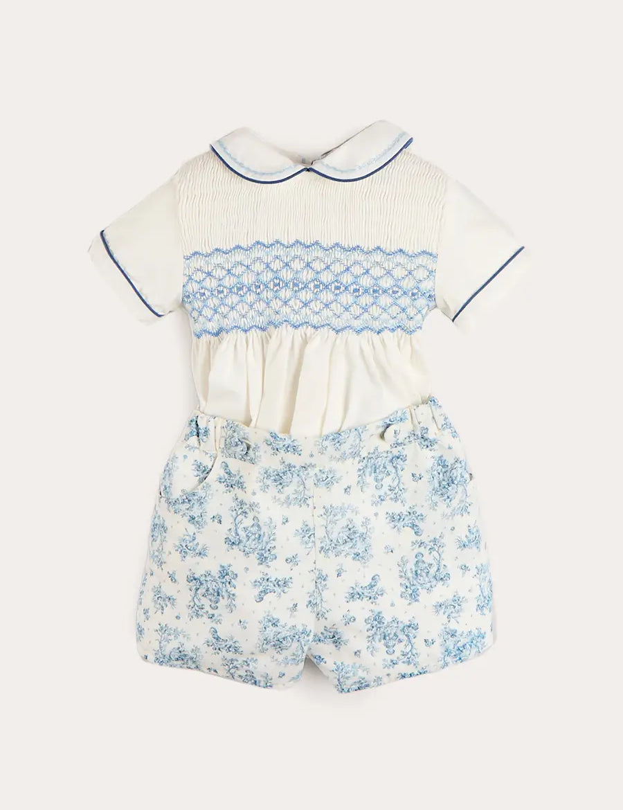 Audrey Toile Peter Pan Collar Hand Smocked Two Piece Set in Blue (6mths-3yrs) Two Piece Set from Pepa London