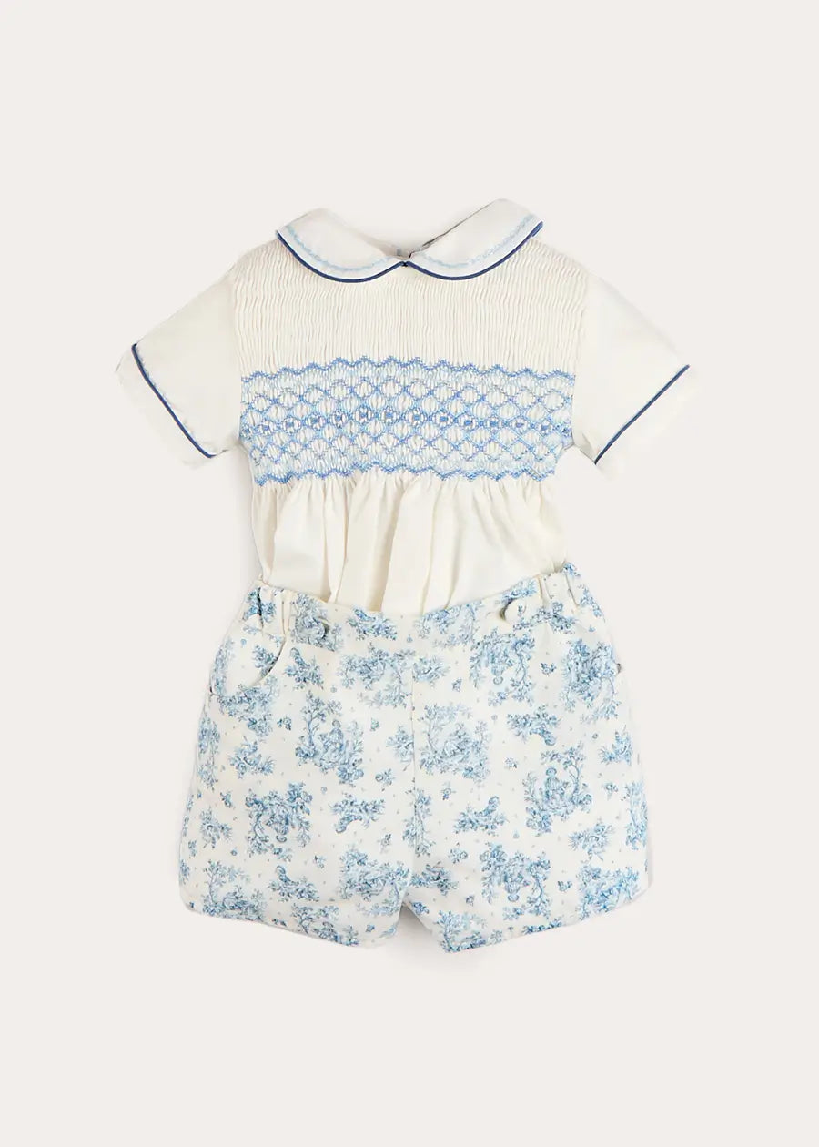 Audrey Toile Peter Pan Collar Hand Smocked Two Piece Set in Blue (6mths-3yrs) Two Piece Set from Pepa London