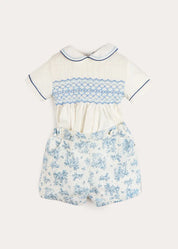 Audrey Toile Peter Pan Collar Hand Smocked Two Piece Set in Blue (6mths-3yrs) Two Piece Set from Pepa London