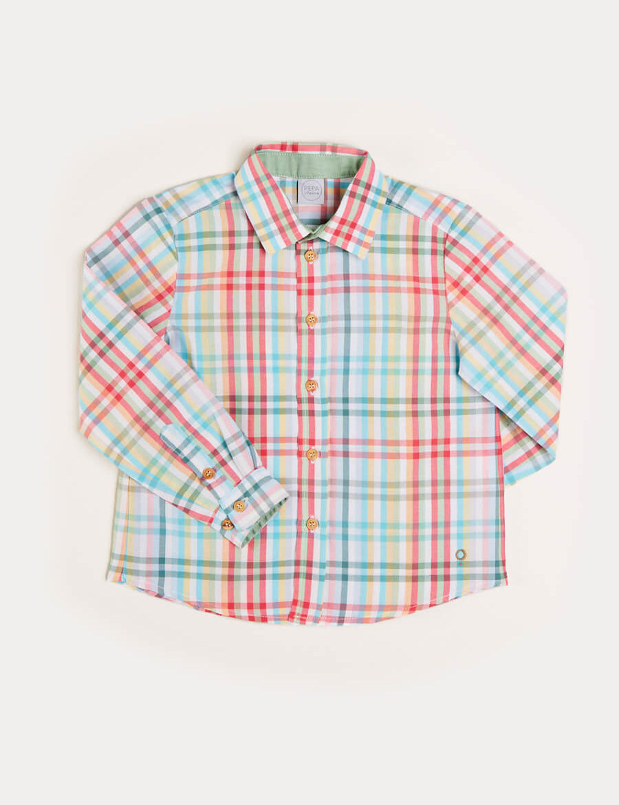 Checked Polo Collar Long Sleeve Shirt in Blue (12mths-10yrs) Shirts  from Pepa London