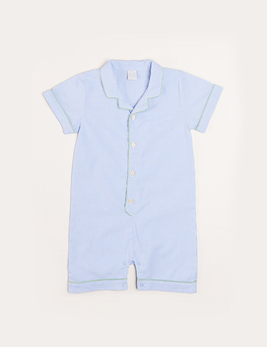 Gingham Contrast Piping Short Sleeve All-In-One in Blue (12mths-2yrs) Nightwear  from Pepa London