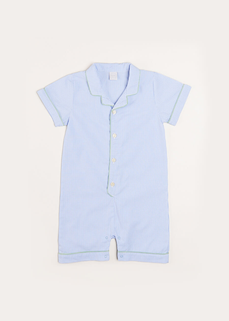 Gingham Contrast Piping Short Sleeve All-In-One in Blue (12mths-2yrs) Nightwear  from Pepa London