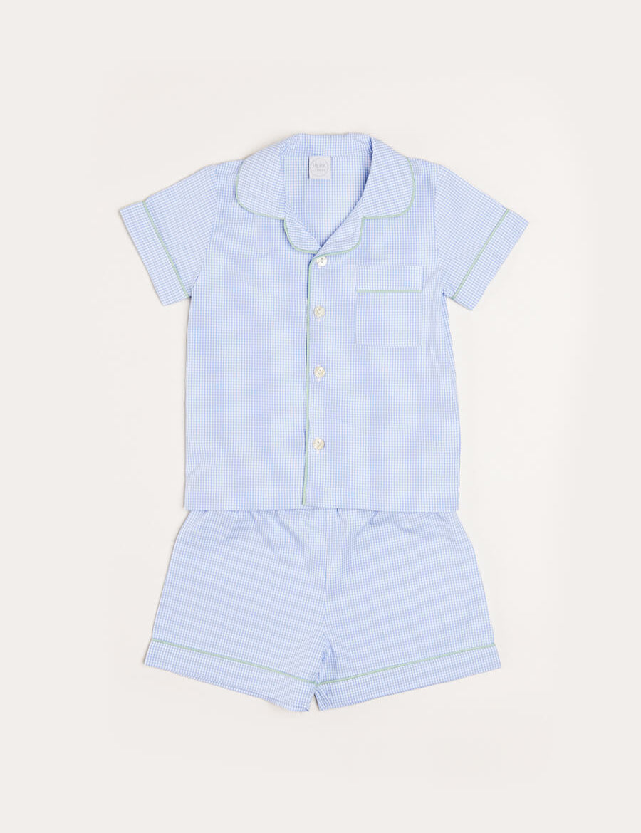 Gingham Contrast Piping Short Sleeve Pyjama Set in Blue (18mths-10yrs) Nightwear  from Pepa London