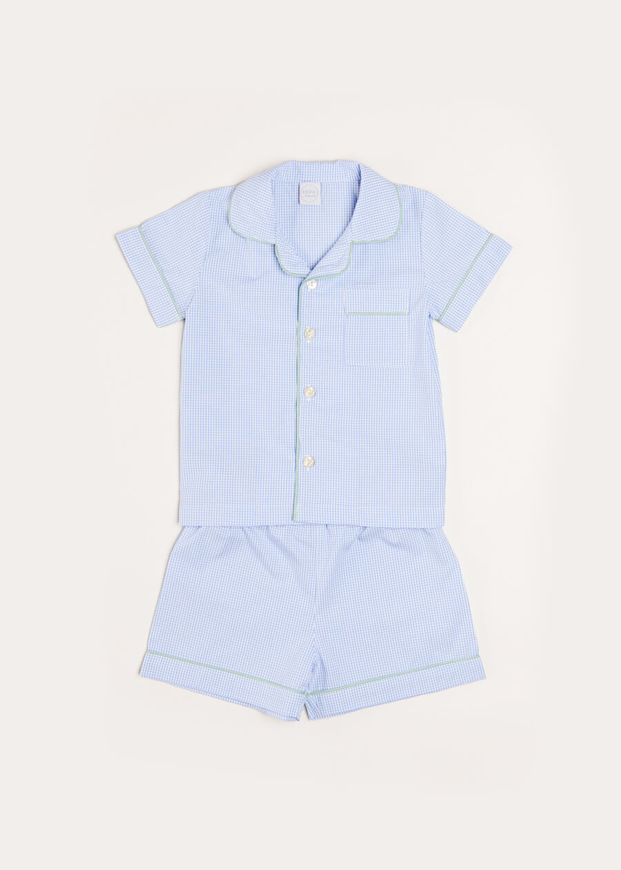 Gingham Contrast Piping Short Sleeve Pyjama Set in Blue (18mths-10yrs) Nightwear  from Pepa London