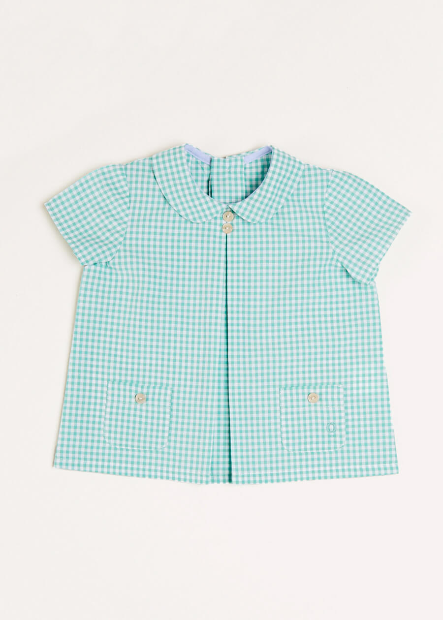 Gingham Peter Pan Collar Short Sleeve Shirt in Green (12mths-3yrs) Shirts  from Pepa London