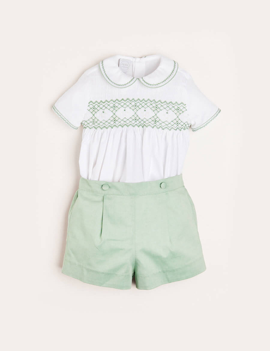 Hand Smocked Peter Pan Collar Short Sleeve Two Piece Set in Green (18mths-6yrs) Two Piece Set  from Pepa London