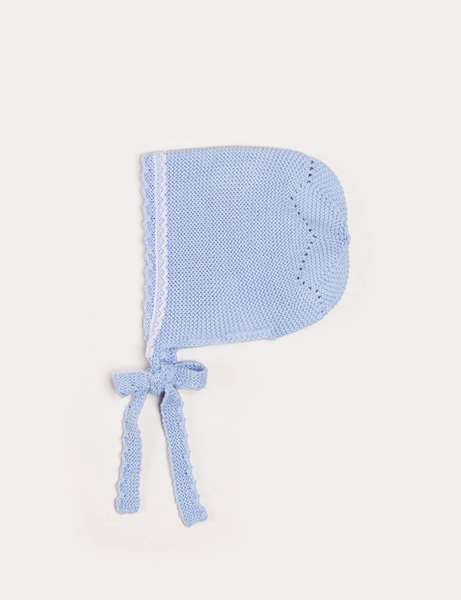 Lace Detail Knitted Bonnet in Blue (1-6mths) Knitted Accessories  from Pepa London