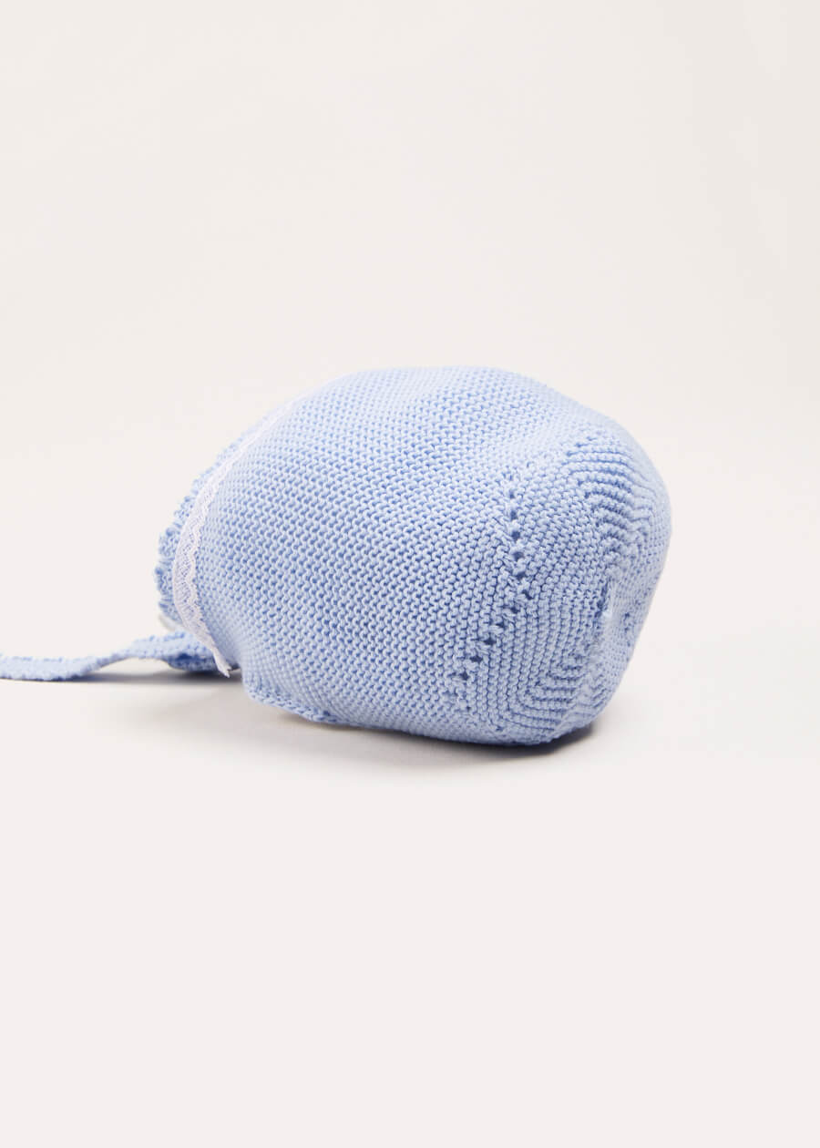 Lace Detail Knitted Bonnet in Blue (1-6mths) Knitted Accessories  from Pepa London