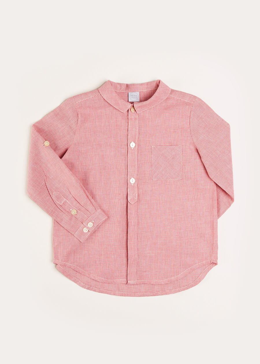 Mini Houndstooth Polo Collar Long Sleeve Shirt in Red (12mths-10yrs) Shirts  from Pepa London