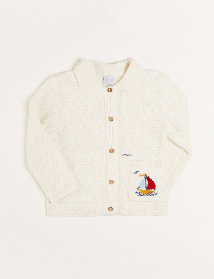 Nautical Boat Embroidery Polo Collar Cardigan in Cream (12mths-6yrs) Knitwear from Pepa London
