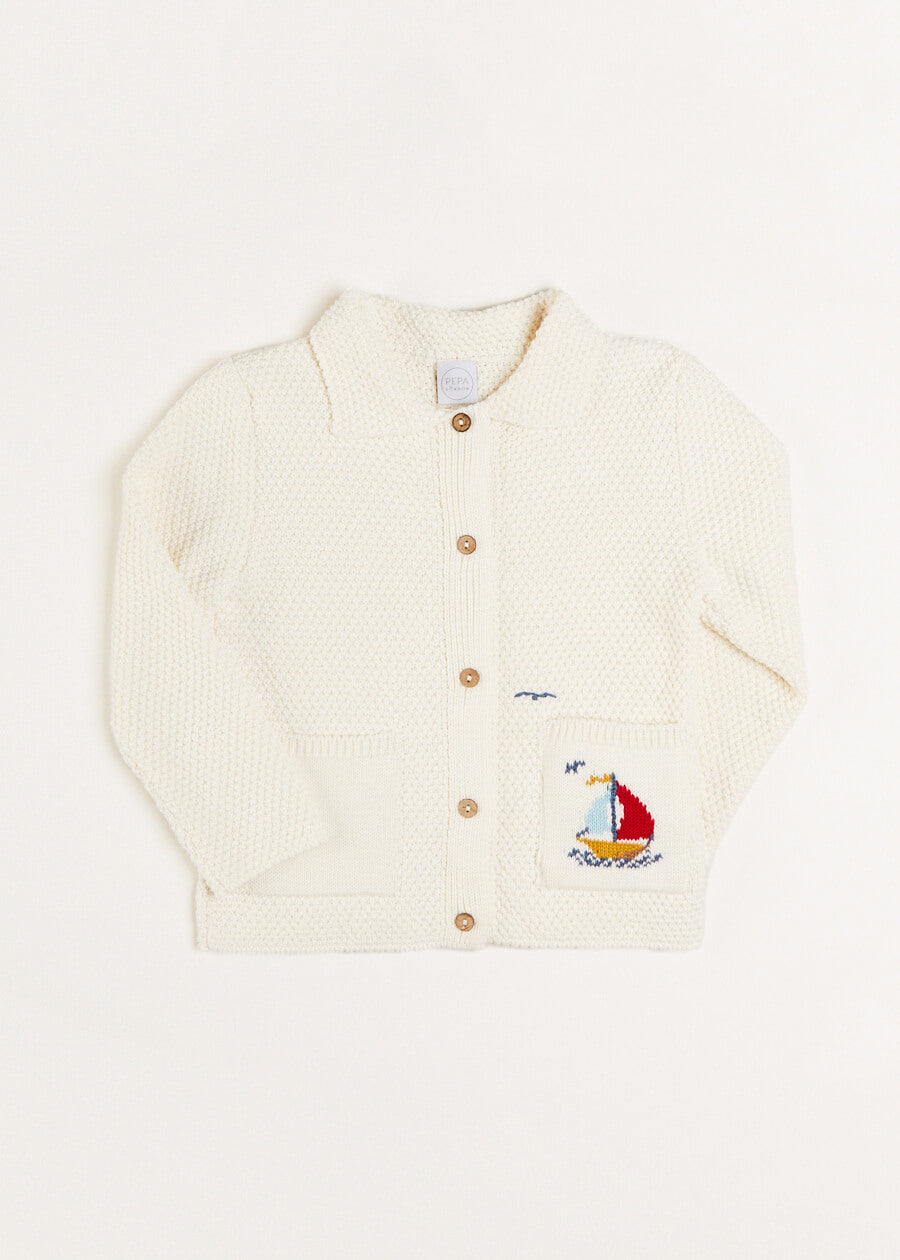Nautical Boat Embroidery Polo Collar Cardigan in Cream (12mths-6yrs) Knitwear from Pepa London