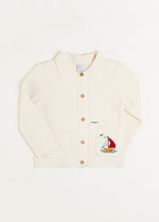 Nautical Boat Embroidery Polo Collar Cardigan in Cream (12mths-6yrs) Knitwear from Pepa London