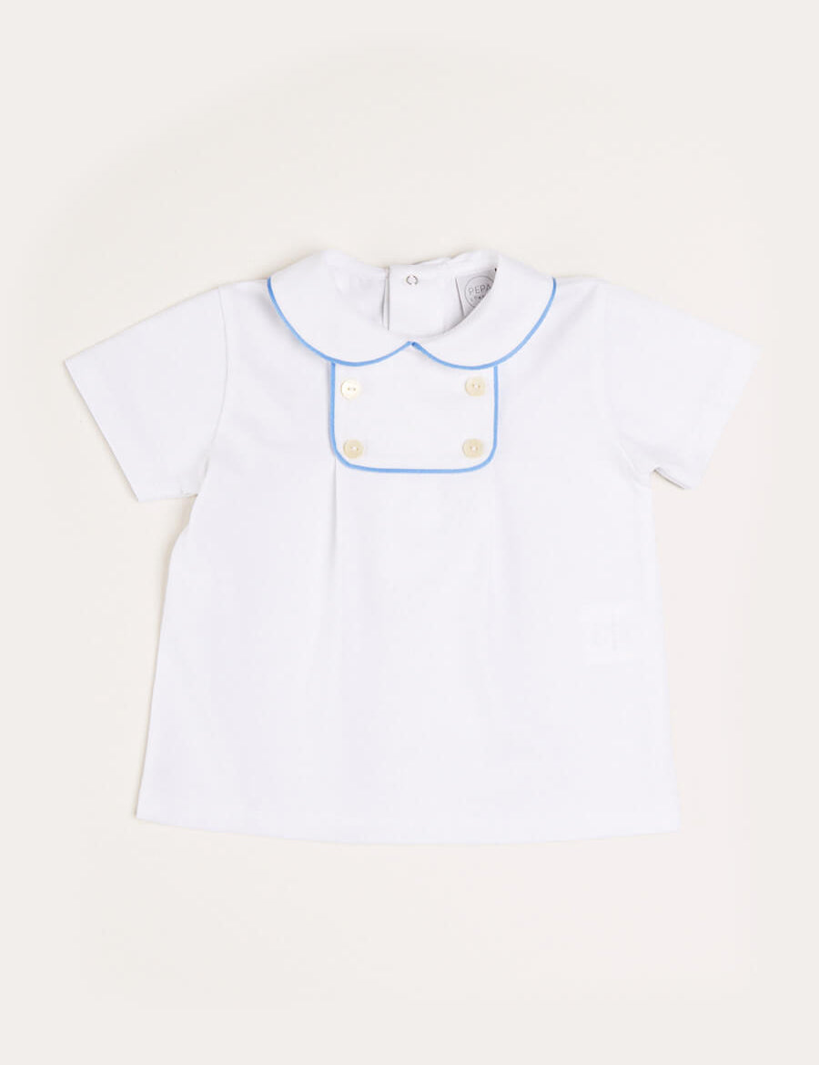 Peter Pan Collar Button Detail Short Sleeve Top in Blue (12mths-5yrs) Tops & Bodysuits  from Pepa London