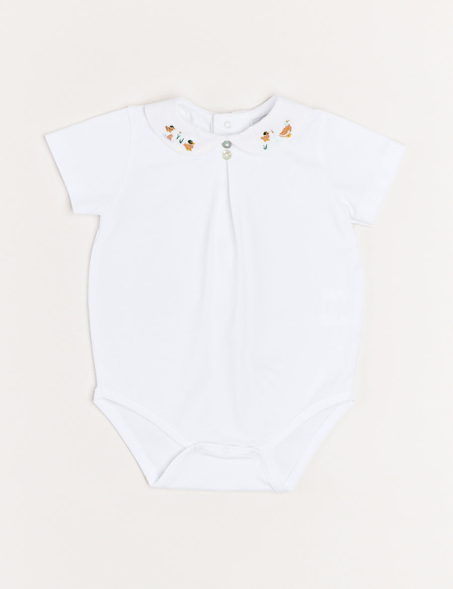 Peter Pan Collar Duck Embroidery Short Sleeve Bodysuit in White (3mths-2yrs) Tops & Bodysuits  from Pepa London