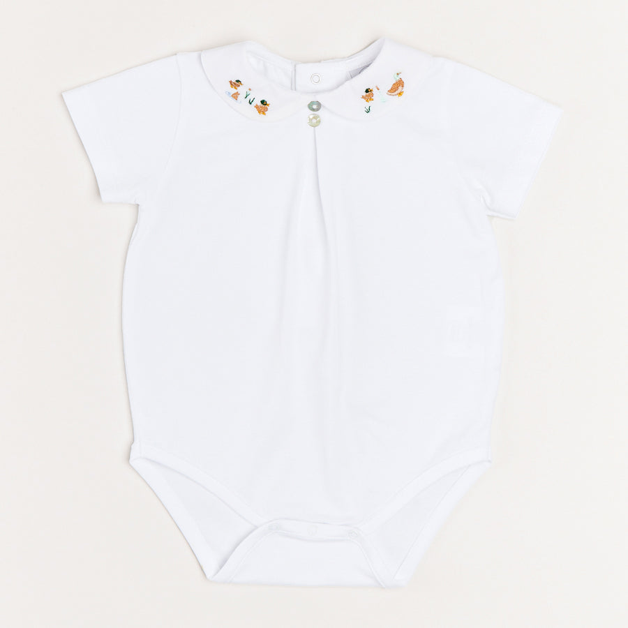 Peter Pan Collar Duck Embroidery Short Sleeve Bodysuit in White (3mths-2yrs) Tops & Bodysuits  from Pepa London
