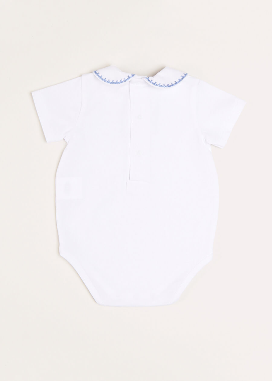 Peter Pan Collar Embroidered Detail Short Sleeve Bodysuit in Blue (3mths-3yrs) Tops & Bodysuits from Pepa London