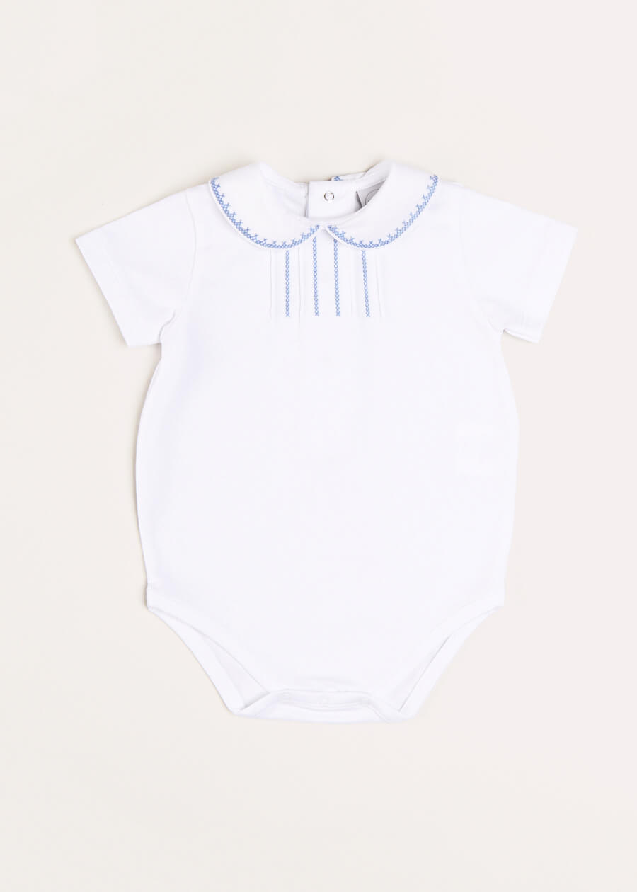 Peter Pan Collar Embroidered Detail Short Sleeve Bodysuit in Blue (3mths-3yrs) Tops & Bodysuits from Pepa London