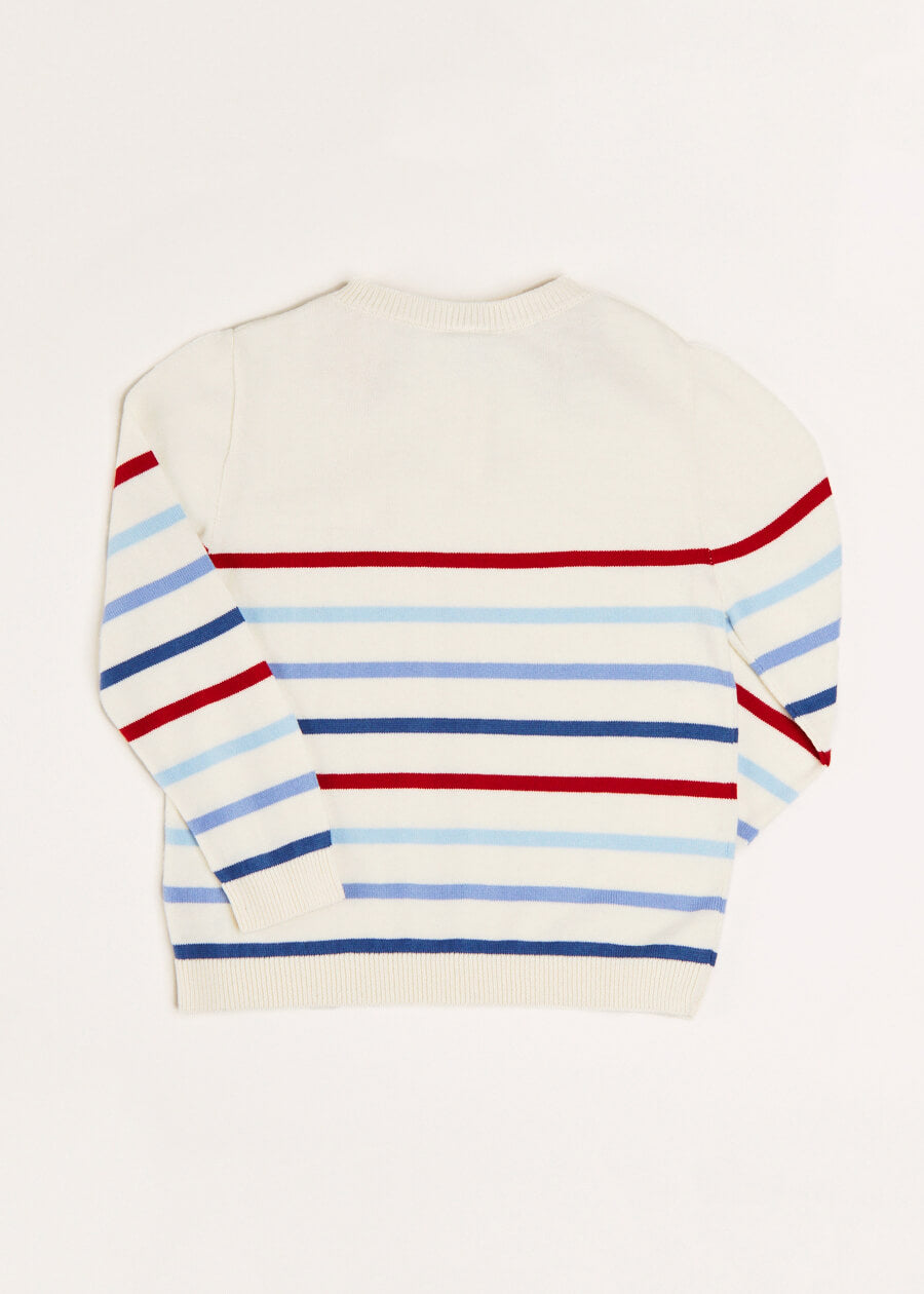 Striped Crewneck Button Detail Jumper in Red (12mths-10yrs) Knitwear  from Pepa London
