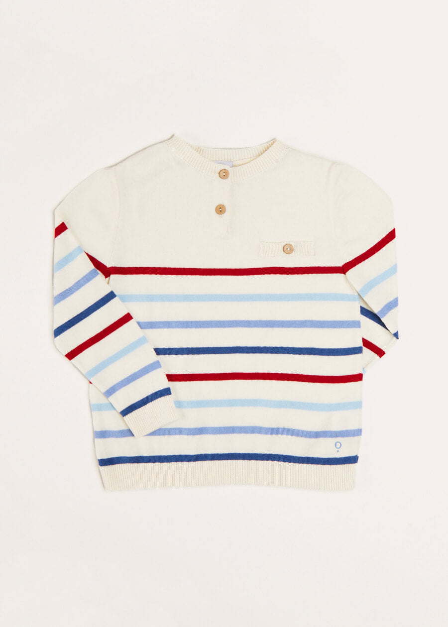 Striped Crewneck Button Detail Jumper in Red (12mths-10yrs) Knitwear  from Pepa London