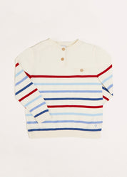 Striped Crewneck Button Detail Jumper in Red (12mths-10yrs) Knitwear  from Pepa London