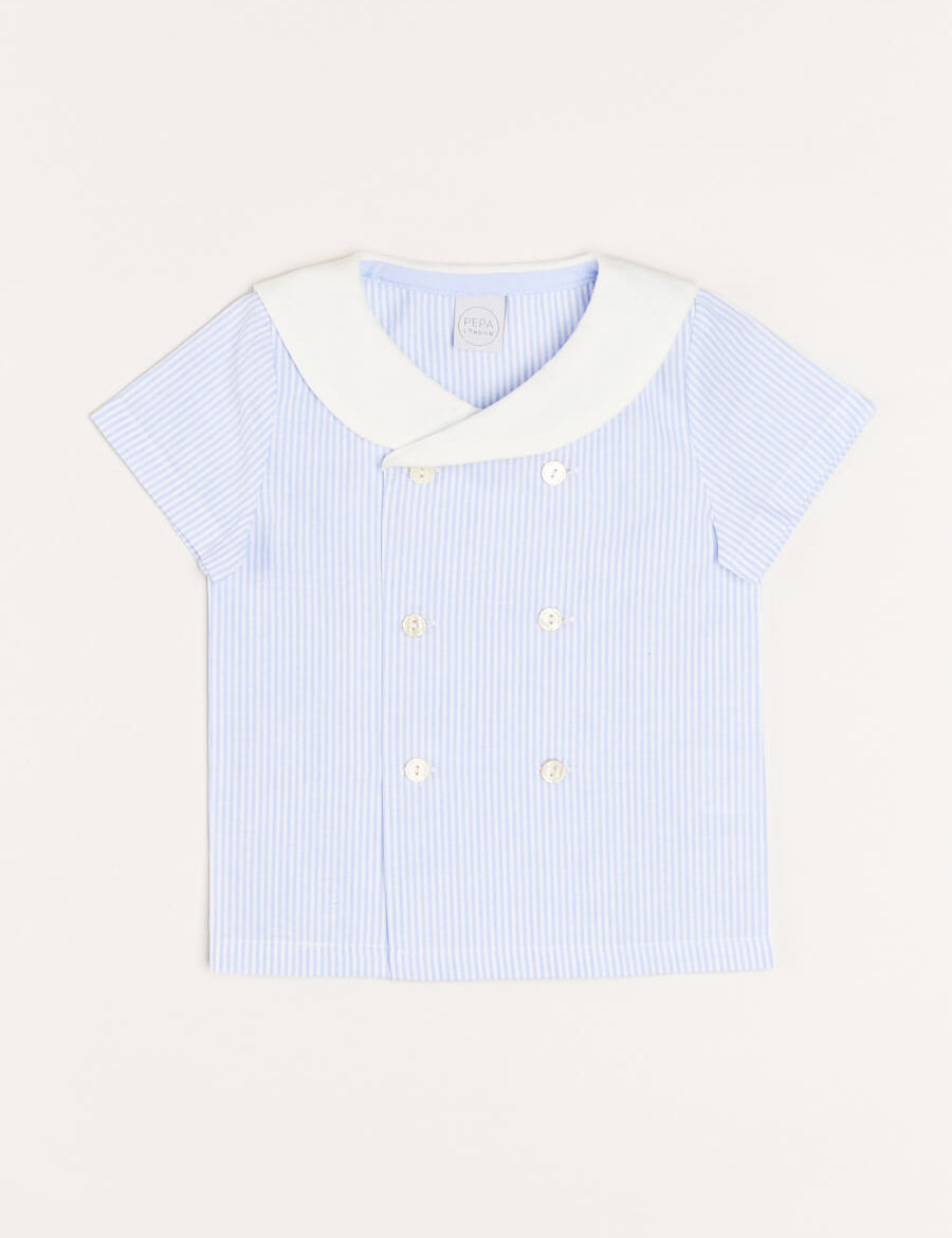Striped Double Breasted Short Sleeve Shirt in Blue (12mths-4yrs) Shirts  from Pepa London
