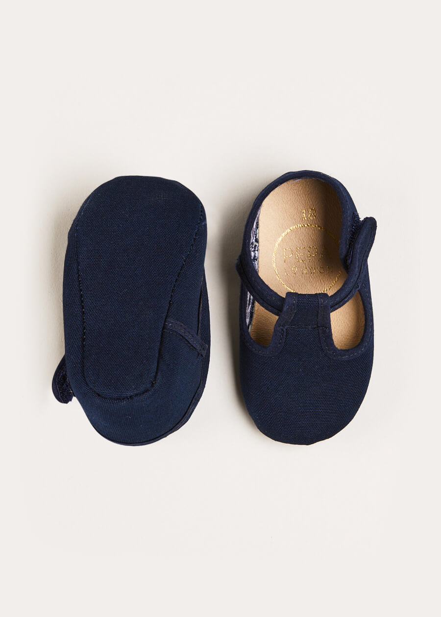 Woven T-Bar Pram Shoes in Navy (17-20EU) Shoes  from Pepa London