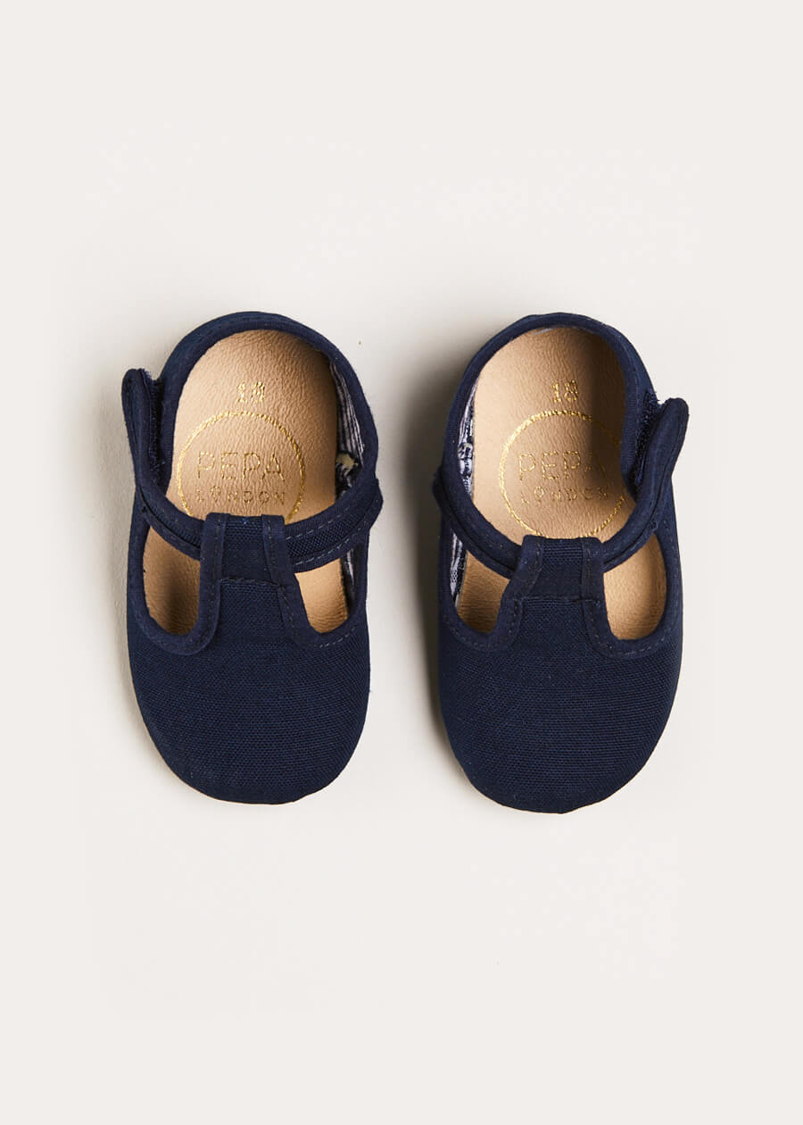 Woven T-Bar Pram Shoes in Navy (17-20EU) Shoes  from Pepa London