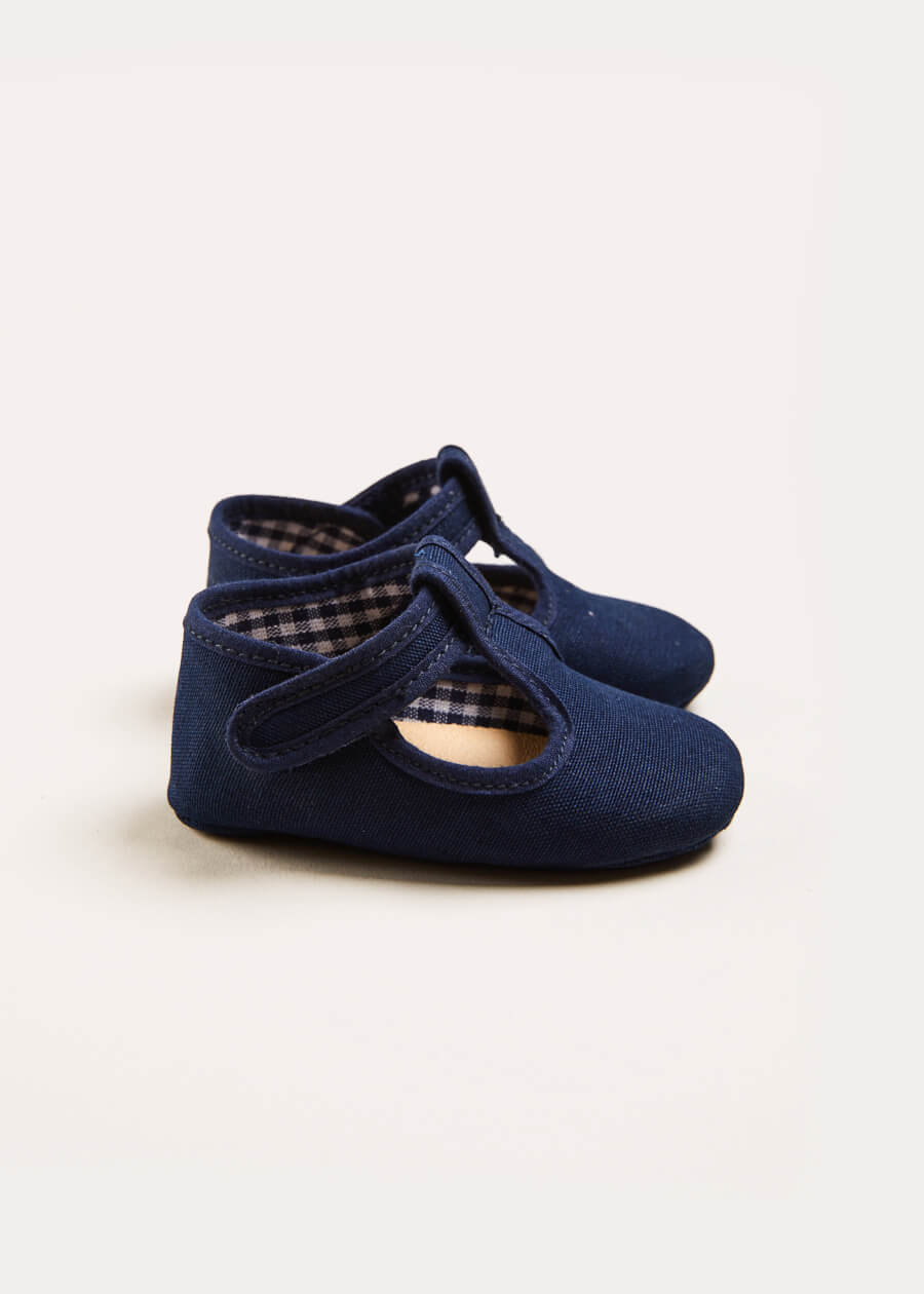 Woven T-Bar Pram Shoes in Navy (17-20EU) Shoes  from Pepa London