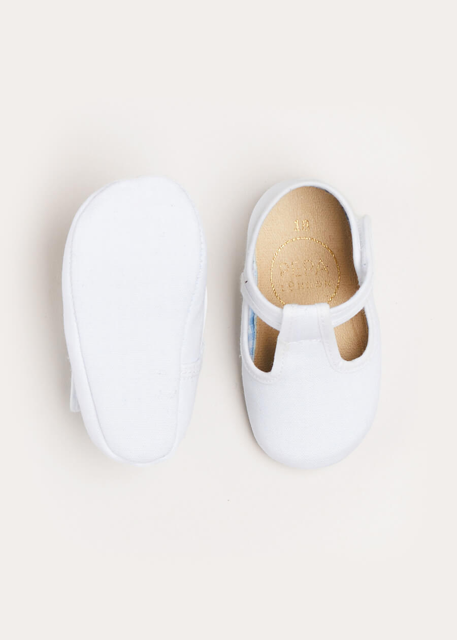 Woven T-Bar Pram Shoes in White (17-20EU) Shoes  from Pepa London