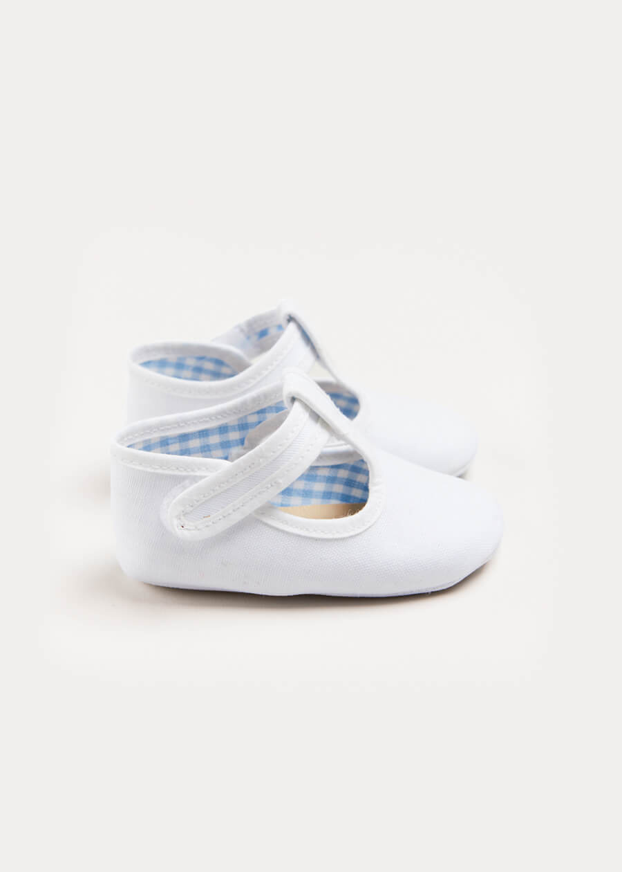 Woven T-Bar Pram Shoes in White (17-20EU) Shoes  from Pepa London