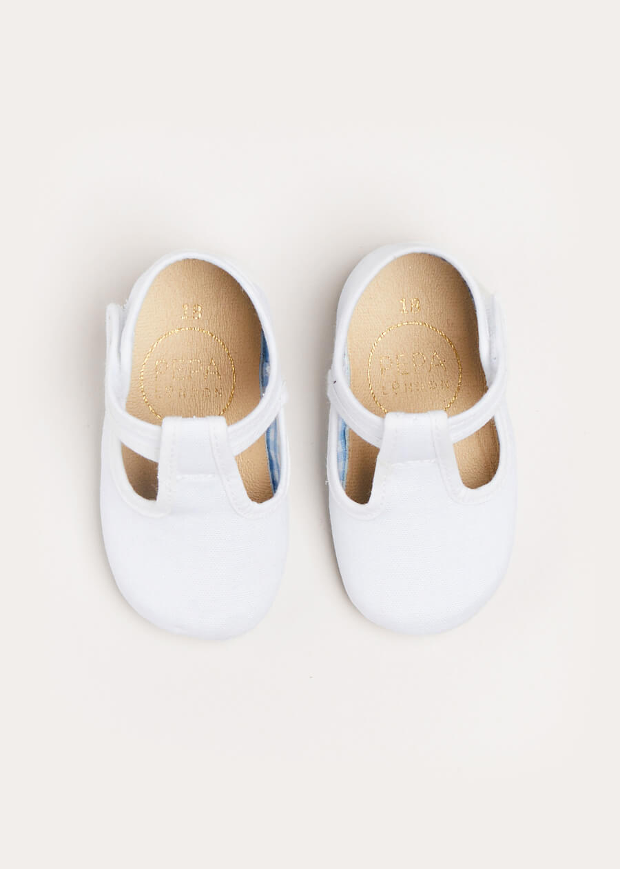 Woven T-Bar Pram Shoes in White (17-20EU) Shoes  from Pepa London