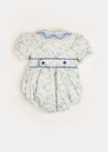Alice Floral Print Handsmocked Double Breasted Short Sleeve Romper in Blue (6mths-2yrs) Rompers  from Pepa London