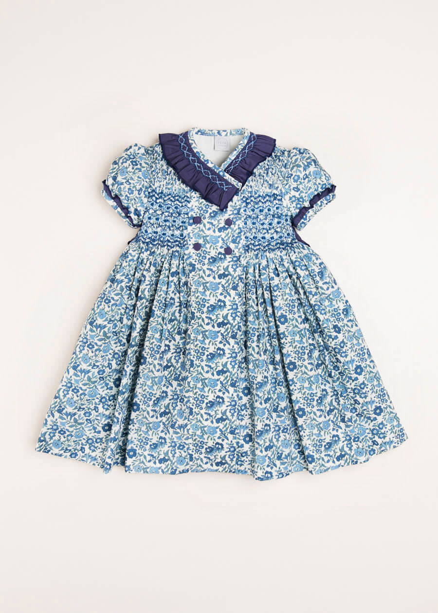 Daphne Floral Print Hand Smocked Double Breasted Dress in Blue (12mths-10yrs) Dresses  from Pepa London