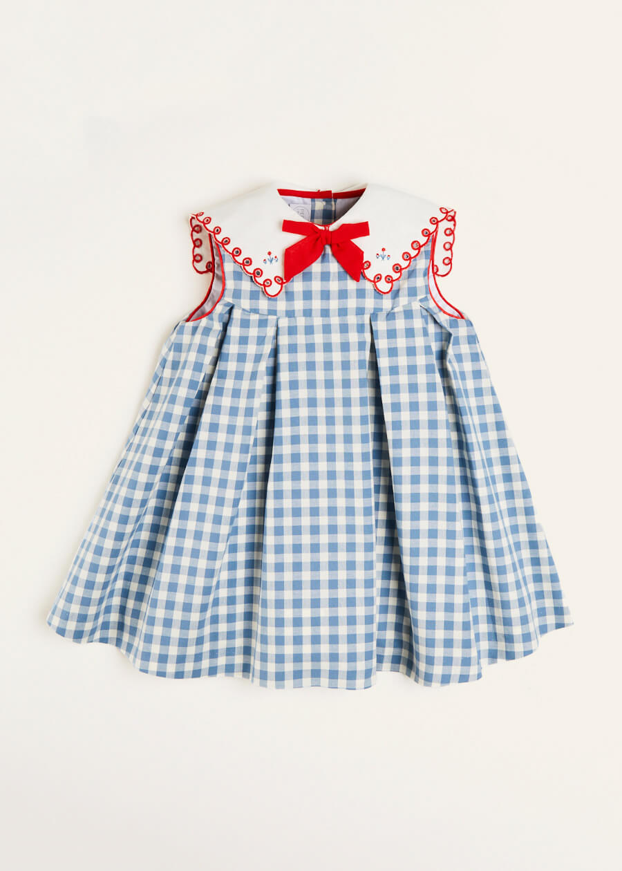 Embroidered Gingham Sleeveless Dress in Blue (12mths-12yrs) Dresses from Pepa London