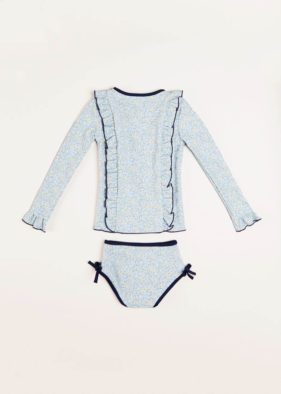 Matilda Floral Print Ruffle Trim Long Sleeve Swim Set in Blue (12mths-6yrs) Swimwear  from Pepa London