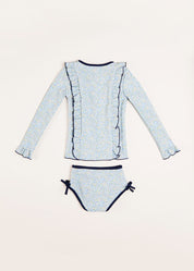 Matilda Floral Print Ruffle Trim Long Sleeve Swim Set in Blue (12mths-6yrs) Swimwear  from Pepa London