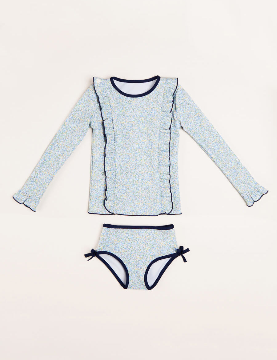 Matilda Floral Print Ruffle Trim Long Sleeve Swim Set in Blue (12mths-6yrs) Swimwear  from Pepa London