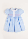 Handsmocked Gingham Print Short Sleeve Dress in Blue (12mths-6yrs) Dresses  from Pepa London
