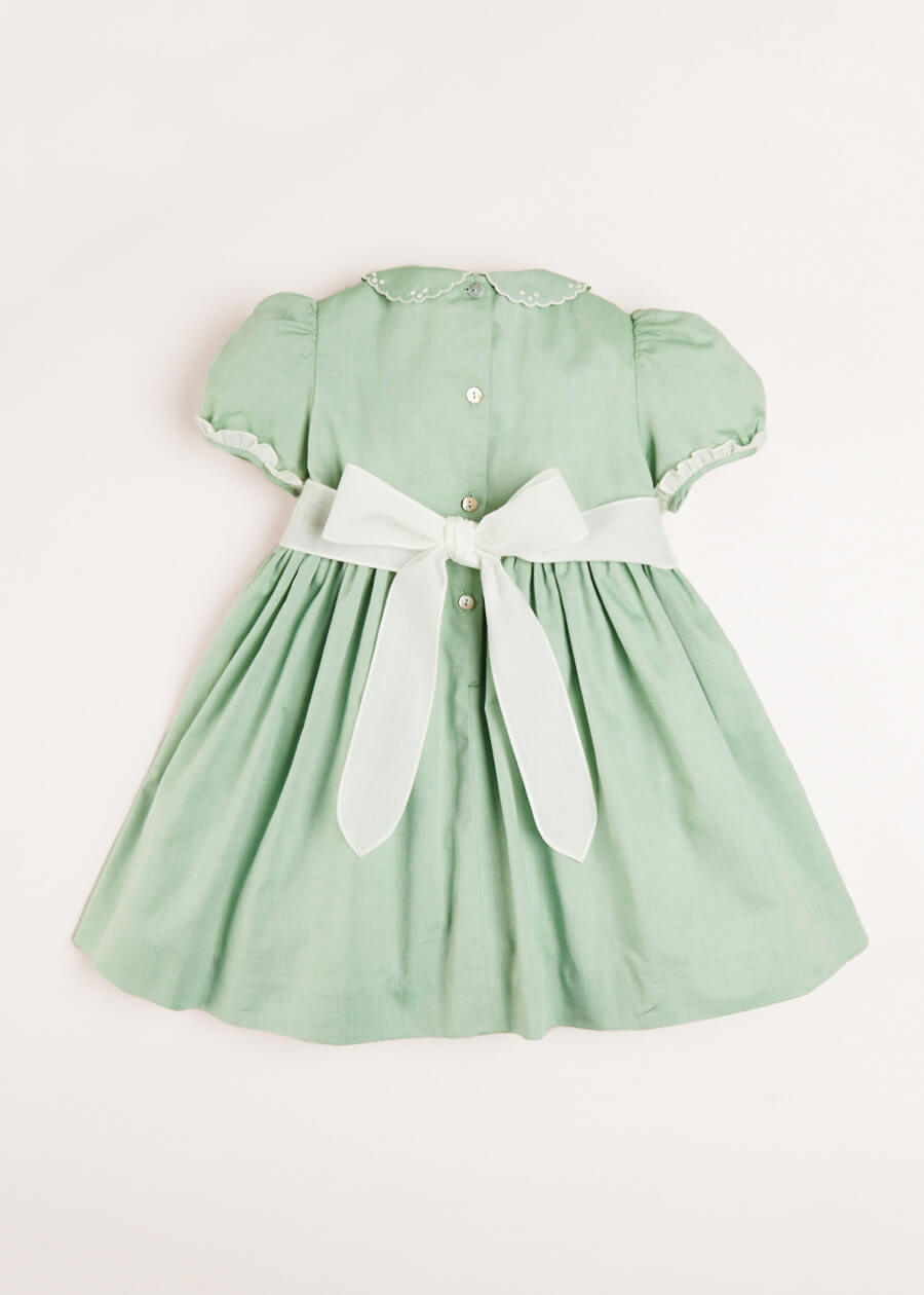 Hand Smocked Peter Pan Collar Short Sleeve Dress in Green (12mths-10yrs) Dresses  from Pepa London